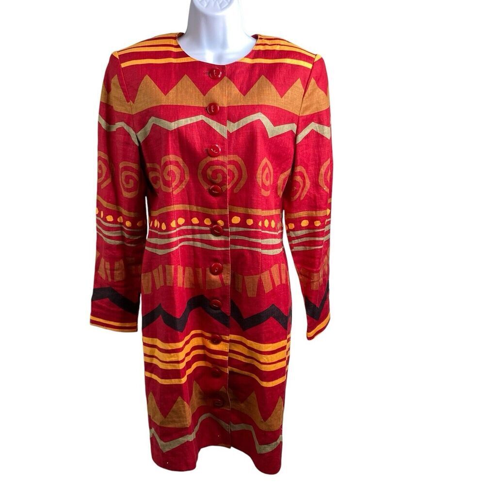 Petite Sophisticate Women's Orange Red Raw Linen Coat Dress Size 4 Aztec Retro